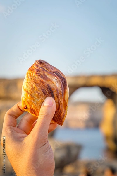 Fototapeta Pastizz on the Azure Window Background - Traditional Maltese Food, Vertical View