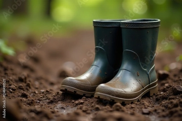 Fototapeta Muddy rubber boots folded in half on the ground, mud, terrain, dirt