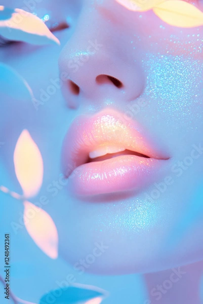 Fototapeta An intimate shot focusing on lips partially concealed by luminous blue foliage, gentle light shifts