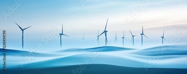 Obraz Landscape of wind turbines at sea against the blue sky- obscured by fog and mist.