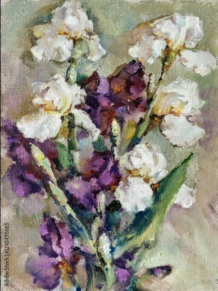 Obraz Abstract bright colored decorative background . Floral pattern handmade . Beautiful tender romantic bouquet of iris flowers , made in the technique of oil from nature.