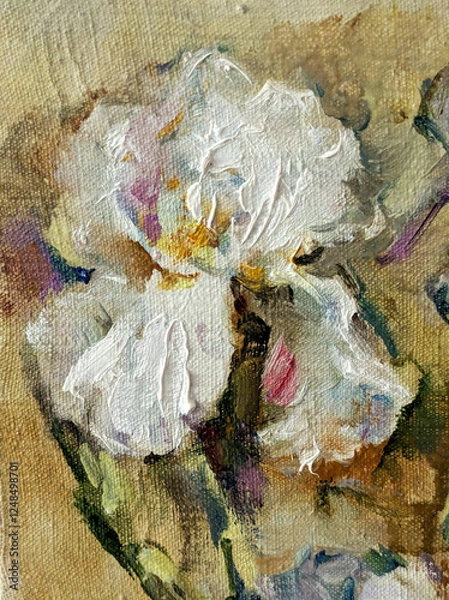 Obraz Abstract bright colored decorative background . Floral pattern handmade . Beautiful tender romantic bouquet of iris flowers , made in the technique of oil from nature.