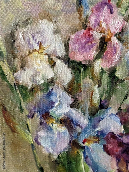 Obraz Abstract bright colored decorative background . Floral pattern handmade . Beautiful tender romantic bouquet of iris flowers , made in the technique of oil from nature.