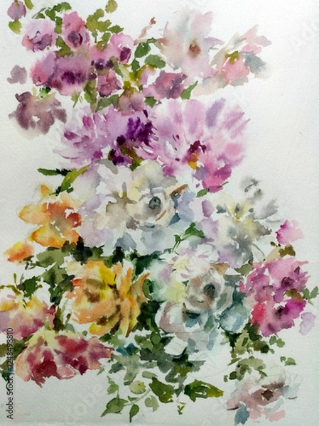 Obraz Abstract bright colored decorative background . Floral pattern handmade . Beautiful tender romantic bouquet of rose flowers , made in the technique of watercolors from nature.