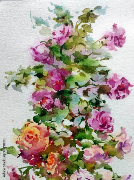 Obraz Abstract bright colored decorative background . Floral pattern handmade . Beautiful tender romantic bouquet of rose flowers , made in the technique of watercolors from nature.