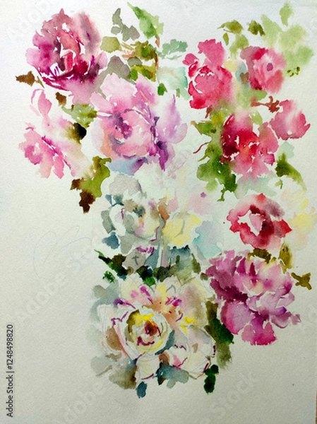 Obraz Abstract bright colored decorative background . Floral pattern handmade . Beautiful tender romantic bouquet of rose flowers , made in the technique of watercolors from nature.