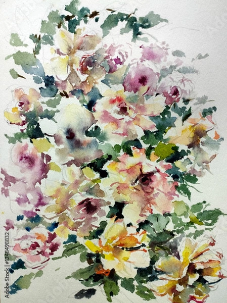 Obraz Abstract bright colored decorative background . Floral pattern handmade . Beautiful tender romantic bouquet of rose flowers , made in the technique of watercolors from nature.