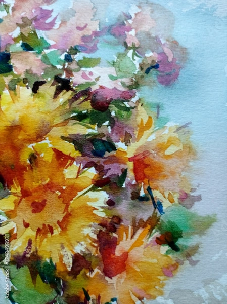 Fototapeta Abstract bright colored decorative background . Floral pattern handmade . Beautiful tender romantic bouquet of  flowers , made in the technique of watercolors from nature.