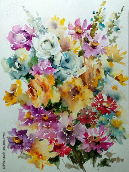 Obraz Abstract bright colored decorative background . Floral pattern handmade . Beautiful tender romantic bouquet of rose flowers , made in the technique of watercolors from nature.