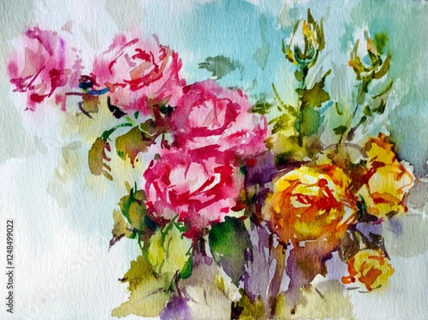 Obraz Abstract bright colored decorative background . Floral pattern handmade . Beautiful tender romantic bouquet of rose flowers , made in the technique of watercolors from nature.
