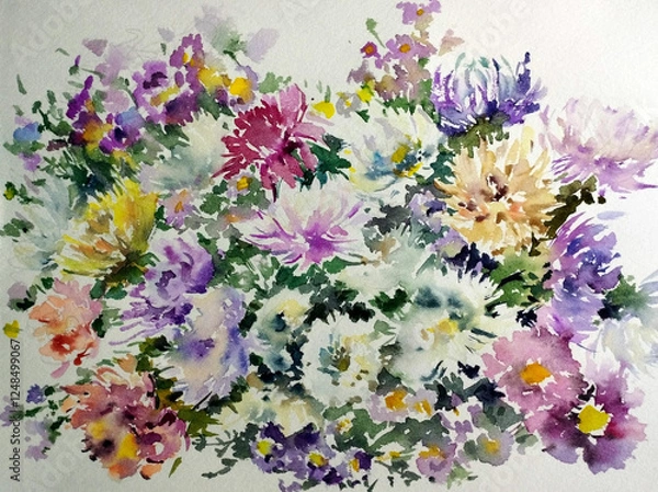 Obraz Abstract bright colored decorative background . Floral pattern handmade . Beautiful tender romantic bouquet of rose flowers , made in the technique of watercolors from nature.