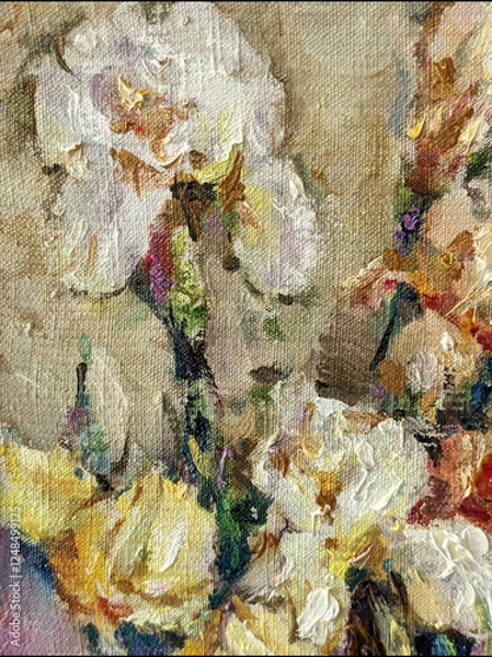 Obraz Abstract bright colored decorative background . Floral pattern handmade . Beautiful tender romantic bouquet of iris flowers , made in the technique of oil from nature.