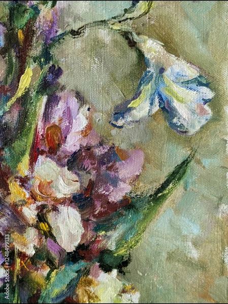 Fototapeta Abstract bright colored decorative background . Floral pattern handmade . Beautiful tender romantic bouquet of iris flowers , made in the technique of oil from nature.