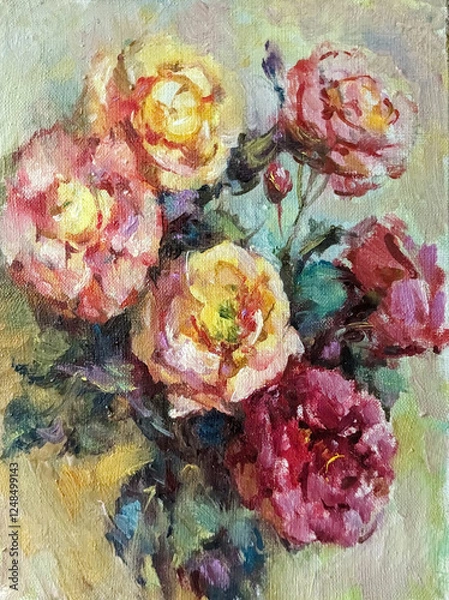 Obraz Abstract bright colored decorative background . Floral pattern handmade . Beautiful tender romantic bouquet of rose flowers , made in the technique of watercolors from nature.