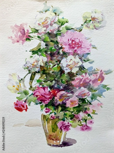 Obraz Abstract bright colored decorative background . Floral pattern handmade . Beautiful tender romantic bouquet of rose flowers , made in the technique of watercolors from nature.