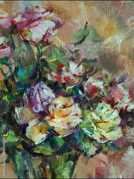 Obraz Abstract bright colored decorative background . Floral pattern handmade . Beautiful tender romantic bouquet of iris flowers , made in the technique of oil from nature.