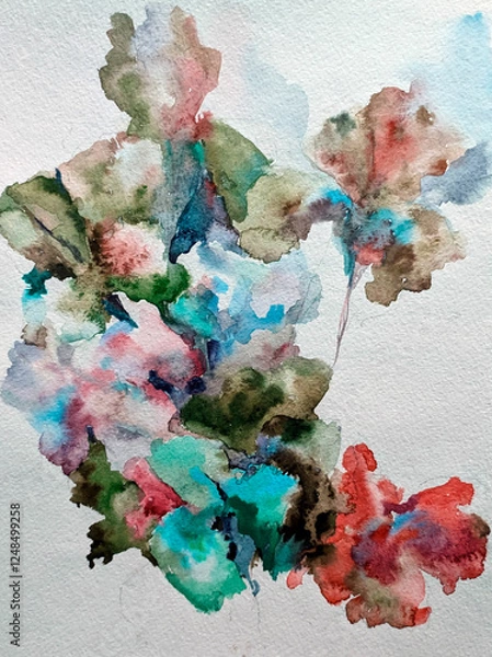 Obraz Abstract bright colored decorative background . Floral pattern handmade . Beautiful tender romantic bouquet of iris flowers , made in the technique of watercolors from nature.