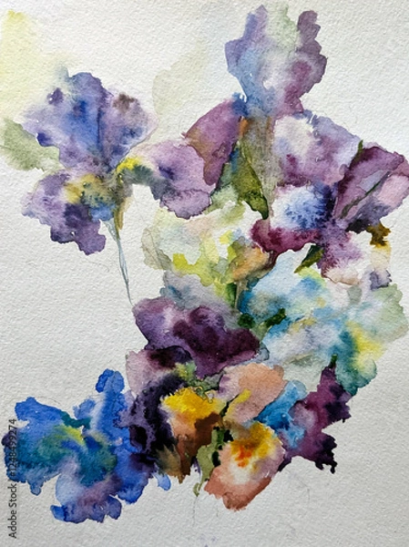 Obraz Abstract bright colored decorative background . Floral pattern handmade . Beautiful tender romantic bouquet of iris flowers , made in the technique of watercolors from nature.