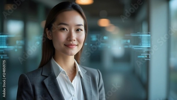 Obraz A smiling businesswoman in a suit stands in a modern office building. This professional stock photo can be used for websites or marketing materials.