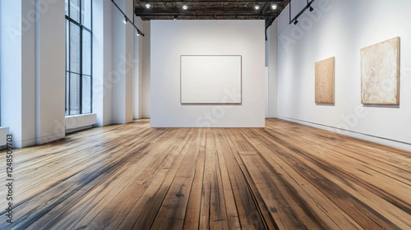 Obraz Empty white wall and wooden floor copy space background 3d render illustration