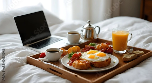 Fototapeta A cozy breakfast in bed on a wooden tray with a drink, surrounded by a laptop on soft white bedding, adding a modern touch, creating a warm, cozy atmosphere, perfect for a relaxing morning.