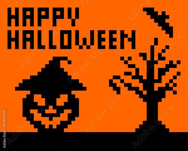 Fototapeta Happy Halloween pixel art jack o' lantern, tree, and bat