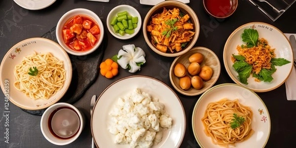 Fototapeta Asian cuisine delicacies served on a sleek black stone slab from a top view, menu, dining