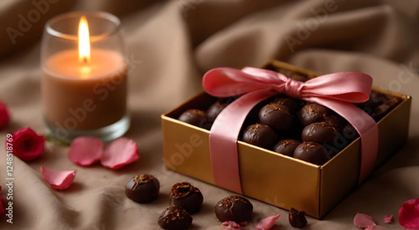 Fototapeta Chocolates are packed in a brown gold box, decorated with a light pink satin ribbon, around which are sprinkled rose petals and small pieces of chocolate, and candles in a glass give off a warm glow.