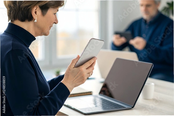 Fototapeta A woman holds a tablet while sitting near a laptop, with a man using a smartphone in the background, in a bright and modern workspace.