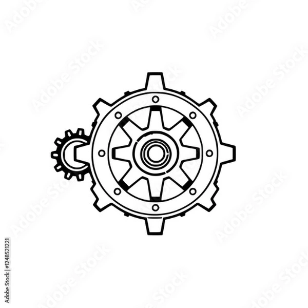 Fototapeta Black and white, minimal gear image of two gears interlocked, in a simple, clean design, with a white background.