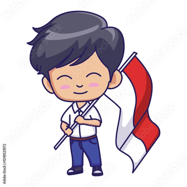 Obraz Cute Boy Holding Indonesian Flag Cartoon Vector Icon Illustration