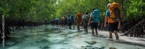 Obraz Hikers Trekking Through a Lush Mangrove Forest