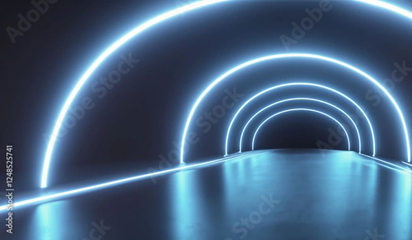 Fototapeta light blue white neon lighting tunnel black background texture web design creativity concept 