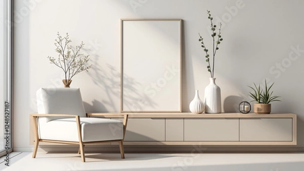 Fototapeta Minimalist Scandinavian Living Room Interior with Mock-up Frame