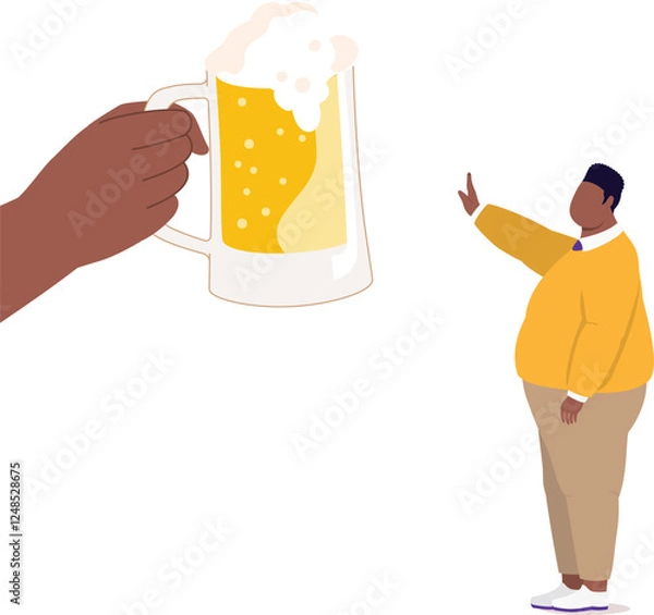Fototapeta Side View Of An Overweight Black Man Standing In Stop Gesture Refusing A Glass Of Beer Offered By Someone.