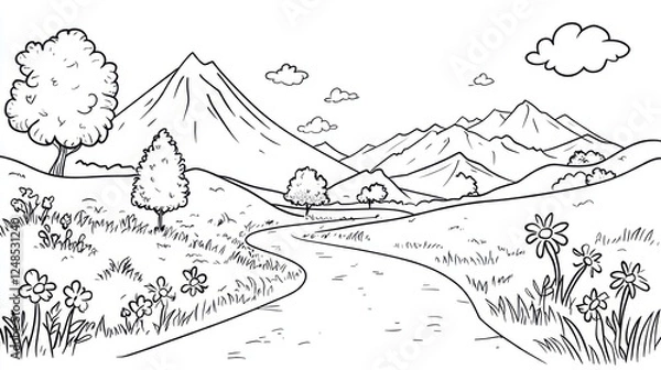 Fototapeta Serene mountain valley landscape; winding river, wildflowers; idyllic nature scene; children's book illustration