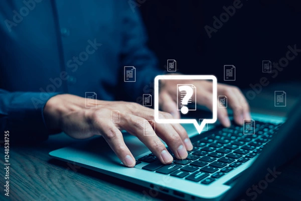 Fototapeta Online customer support and digital assistance concept. A person types on a laptop with a glowing question mark icon, symbolizing help desk services, FAQs, troubleshooting, and IT support