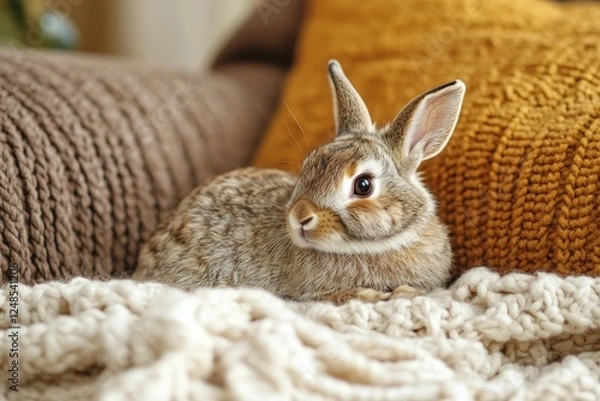 Fototapeta Soft brown rabbit resting on cozy knit blanket beside textured cushions in a warm living room