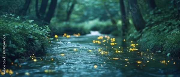 Fototapeta A serene forest stream flows gently, surrounded by lush greenery and dotted with glowing fireflies, creating a magical twilight atmosphere.