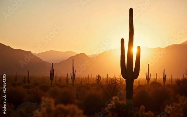 Fototapeta A tranquil desert scene at sunset, featuring silhouetted cacti against a colorful sky.