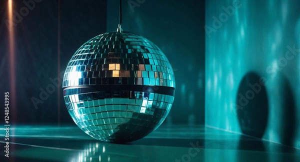 Fototapeta A digital painting of a shiny mirrored disco ball against a wall with reflections, ample copy space, rich deep teal tones, luxurious and vibrant aesthetic, diffused shadows, and subtle illumination