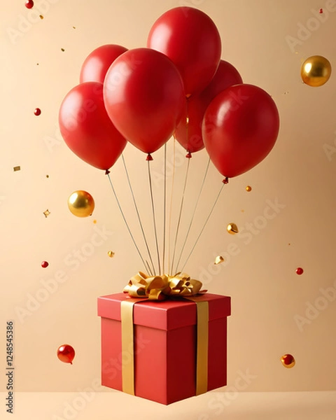 Fototapeta A red gift box decorated with a gold ribbon, surrounded by gold and red balloons scattered in the air, on a beige background, gives a luxurious, fun and festive feel.