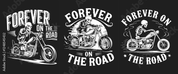 Fototapeta Forever on the Road T-Shirt Design - Celebrate the Spirit of Freedom with Bold Skeleton Motorcycle Graphics! Perfect for Bikers and Adventurers Who Live for the Open Road and The Thrill of the Ride!