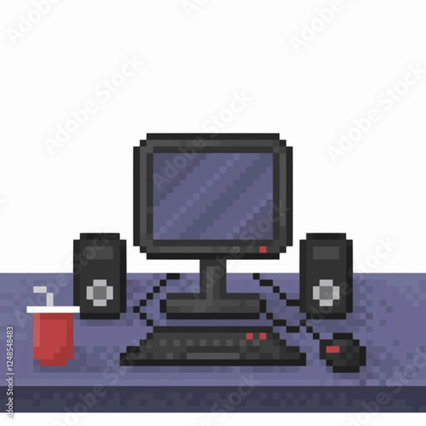 Fototapeta computer desk in pixel art for games
