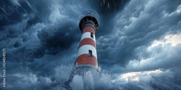Fototapeta Lighthouse In A Furious Storm, Waves Crashing, Symbol Of Hope, Resilience, And Navigation.