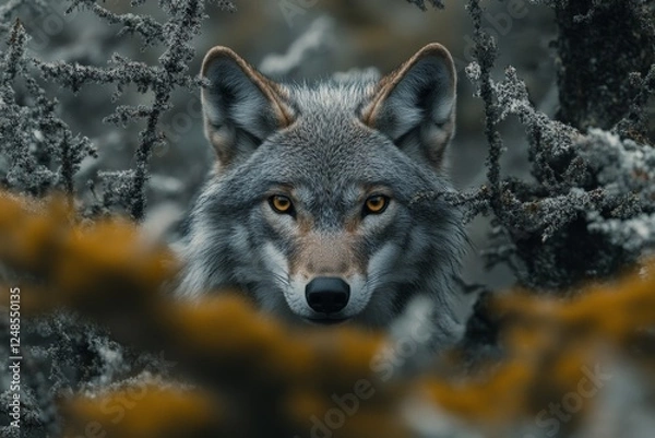 Fototapeta Wolf observes from a forest clearing during dusk with golden eyes and intricate fur patterns