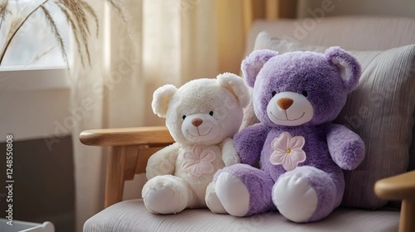 Fototapeta Three teddy bears on armchair in warm lighting