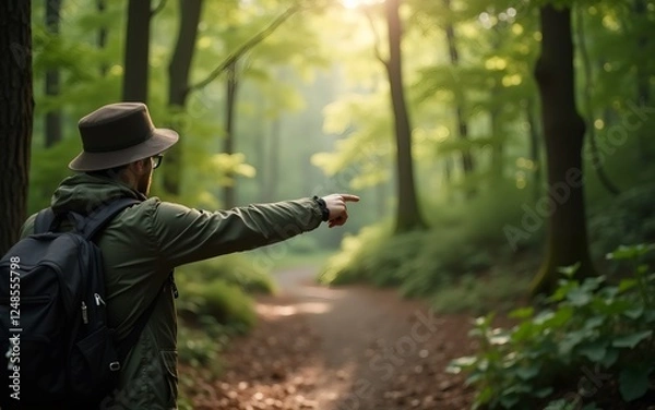 Fototapeta A person in a hat gestures while walking through a serene forest path, surrounded by lush greenery.