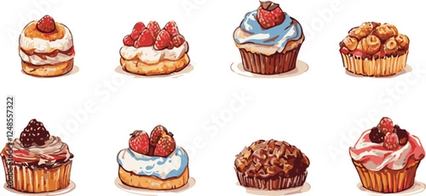 Fototapeta Sweet pastries, muffins, buns and croissants watercolor handdrawn vector illustration set white background isolated