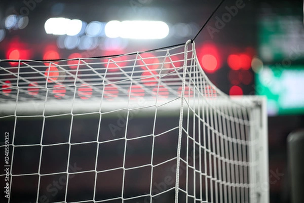 Fototapeta Close-up of a football soccer net on a stadium background.